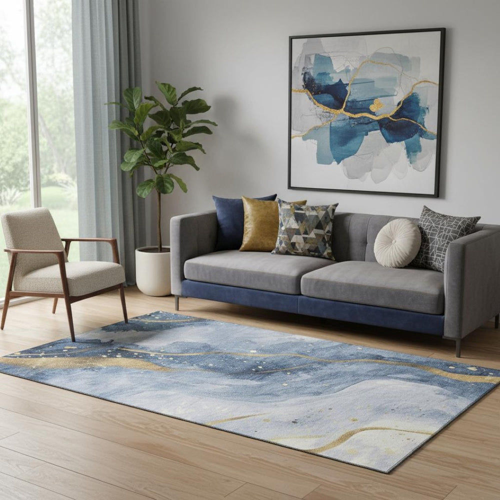 HomeRoots 5' X 8' Abstract Blue Gold Ivory Area Rug – Washable, Stain Resistant, UV Protected for Modern Living 694232