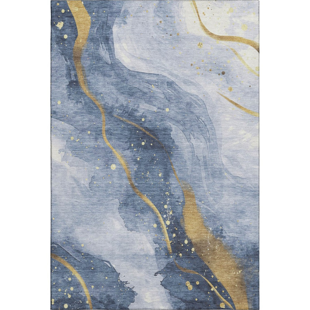 HomeRoots 5' X 8' Abstract Blue Gold Ivory Area Rug – Washable, Stain Resistant, UV Protected for Modern Living 694232