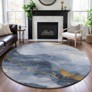 HomeRoots 8' X 8' Stylish Abstract Washable Round Rug in Blue, Gold & Ivory - Durable, Stain-Resistant & UV Protected 694233