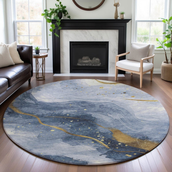 HomeRoots 8' X 8' Stylish Abstract Washable Round Rug in Blue, Gold & Ivory - Durable, Stain-Resistant & UV Protected 694233