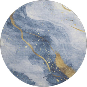 HomeRoots 8' X 8' Stylish Abstract Washable Round Rug in Blue, Gold & Ivory - Durable, Stain-Resistant & UV Protected 694233
