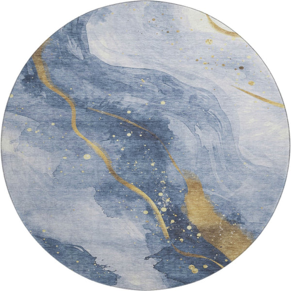 HomeRoots 8' X 8' Stylish Abstract Washable Round Rug in Blue, Gold & Ivory - Durable, Stain-Resistant & UV Protected 694233