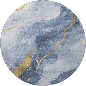 HomeRoots 8' X 8' Stylish Abstract Washable Round Rug in Blue, Gold & Ivory - Durable, Stain-Resistant & UV Protected 694233