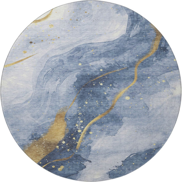 HomeRoots 8' X 8' Stylish Abstract Washable Round Rug in Blue, Gold & Ivory - Durable, Stain-Resistant & UV Protected 694233