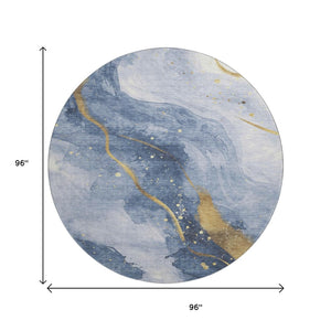 HomeRoots 8' X 8' Stylish Abstract Washable Round Rug in Blue, Gold & Ivory - Durable, Stain-Resistant & UV Protected 694233