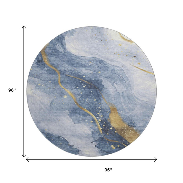 HomeRoots 8' X 8' Stylish Abstract Washable Round Rug in Blue, Gold & Ivory - Durable, Stain-Resistant & UV Protected 694233