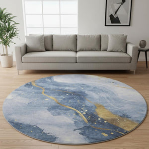 HomeRoots 8' X 8' Stylish Abstract Washable Round Rug in Blue, Gold & Ivory - Durable, Stain-Resistant & UV Protected 694233