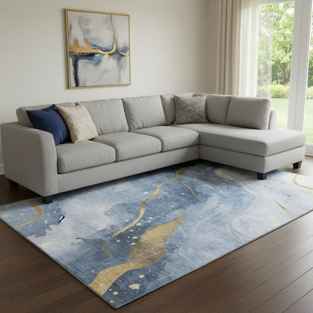 HomeRoots 8' Blue Gold Ivory Abstract Area Rug - Washable, Stain Resistant, UV Protected for Busy Homes 694234