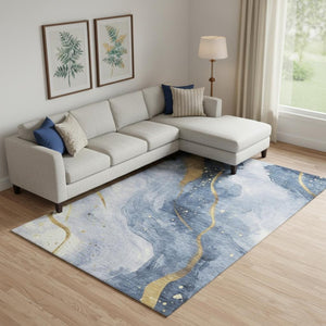 HomeRoots 9' X 12' Blue Gold Ivory Abstract Area Rug - Durable, Washable, UV Protected, Perfect for High-Traffic Spaces! 694235