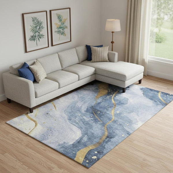 HomeRoots 9' X 12' Blue Gold Ivory Abstract Area Rug - Durable, Washable, UV Protected, Perfect for High-Traffic Spaces! 694235