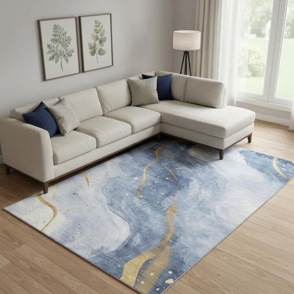 HomeRoots 10' X 14' Blue Gold Ivory Abstract Area Rug - Washable, UV Protected, Stain Resistant for Modern Spaces 694236