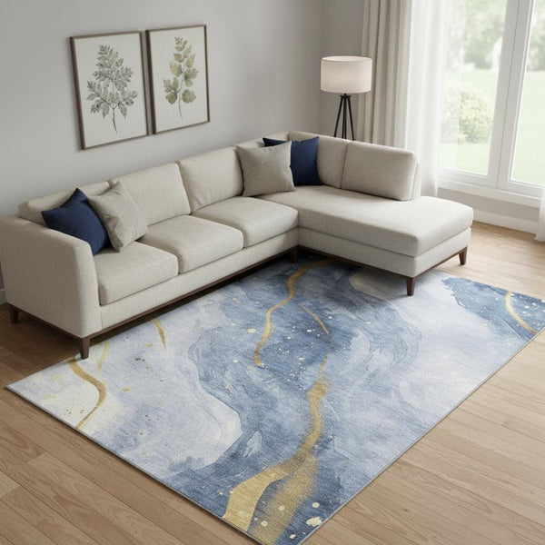 HomeRoots 10' X 14' Blue Gold Ivory Abstract Area Rug - Washable, UV Protected, Stain Resistant for Modern Spaces 694236