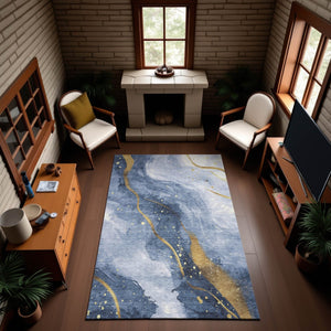 HomeRoots 10' X 14' Blue Gold Ivory Abstract Area Rug - Washable, UV Protected, Stain Resistant for Modern Spaces 694236