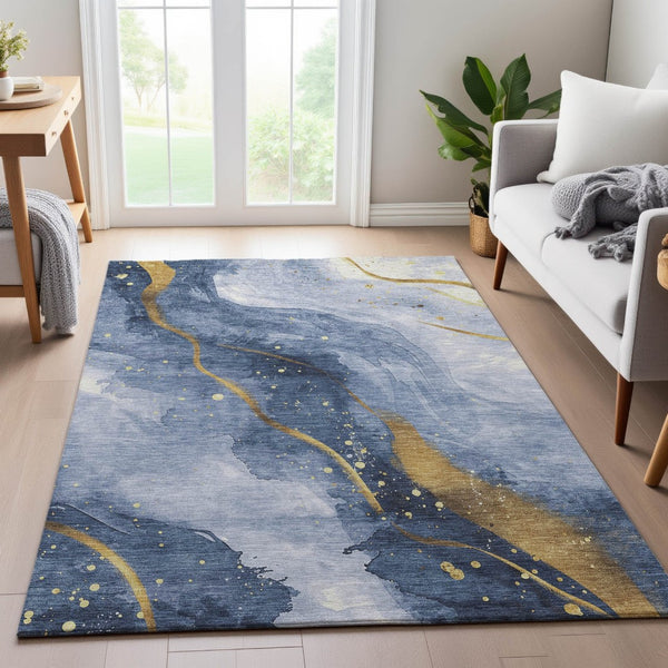 HomeRoots 10' X 14' Blue Gold Ivory Abstract Area Rug - Washable, UV Protected, Stain Resistant for Modern Spaces 694236