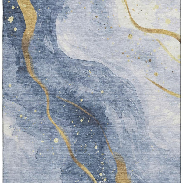 HomeRoots 10' X 14' Blue Gold Ivory Abstract Area Rug - Washable, UV Protected, Stain Resistant for Modern Spaces 694236