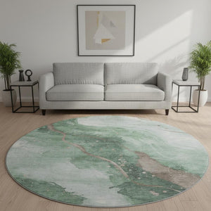 HomeRoots 8' X 8' Round Abstract Rug in Green, Taupe & Ivory - Durable, Stain-Resistant & UV Protected Design 694239