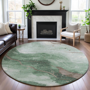 HomeRoots 8' X 8' Round Abstract Rug in Green, Taupe & Ivory - Durable, Stain-Resistant & UV Protected Design 694239