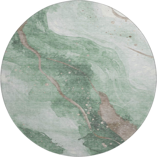HomeRoots 8' X 8' Round Abstract Rug in Green, Taupe & Ivory - Durable, Stain-Resistant & UV Protected Design 694239