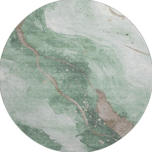 HomeRoots 8' X 8' Round Abstract Rug in Green, Taupe & Ivory - Durable, Stain-Resistant & UV Protected Design 694239