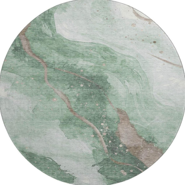 HomeRoots 8' X 8' Round Abstract Rug in Green, Taupe & Ivory - Durable, Stain-Resistant & UV Protected Design 694239