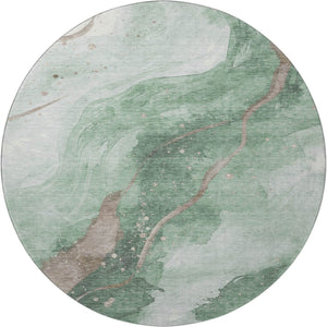 HomeRoots 8' X 8' Round Abstract Rug in Green, Taupe & Ivory - Durable, Stain-Resistant & UV Protected Design 694239