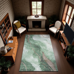 HomeRoots 8' Oversized Green Taupe and Ivory Abstract Washable Area Rug with UV Protection for Busy Homes 694240