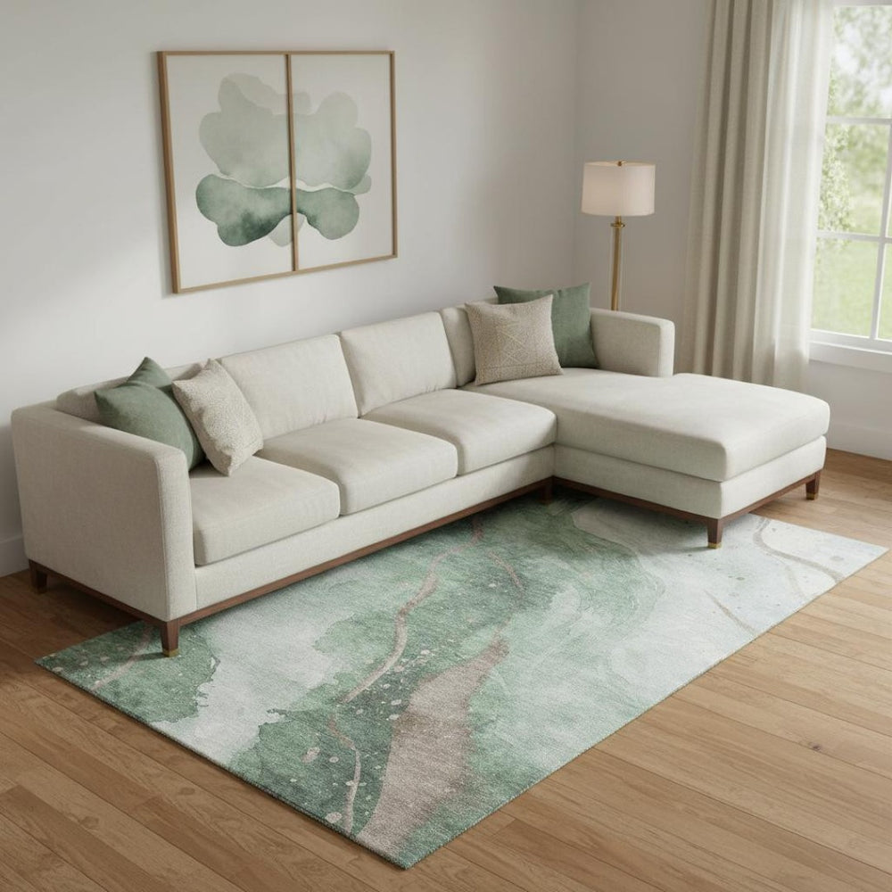 HomeRoots 9' X 12' Abstract Washable Area Rug in Green, Taupe & Ivory - UV Protected, Easy-Care Design Perfect for Family Homes 694241