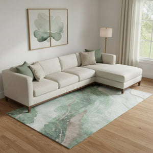 HomeRoots 9' X 12' Abstract Washable Area Rug in Green, Taupe & Ivory - UV Protected, Easy-Care Design Perfect for Family Homes 694241