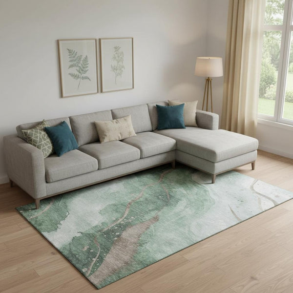 HomeRoots 10' Modern Green Taupe & Ivory Abstract Washable Area Rug - UV Resistant & Easy-Care Design 694242