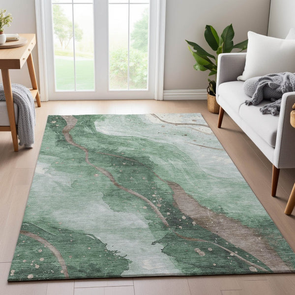 HomeRoots 10' Modern Green Taupe & Ivory Abstract Washable Area Rug - UV Resistant & Easy-Care Design 694242