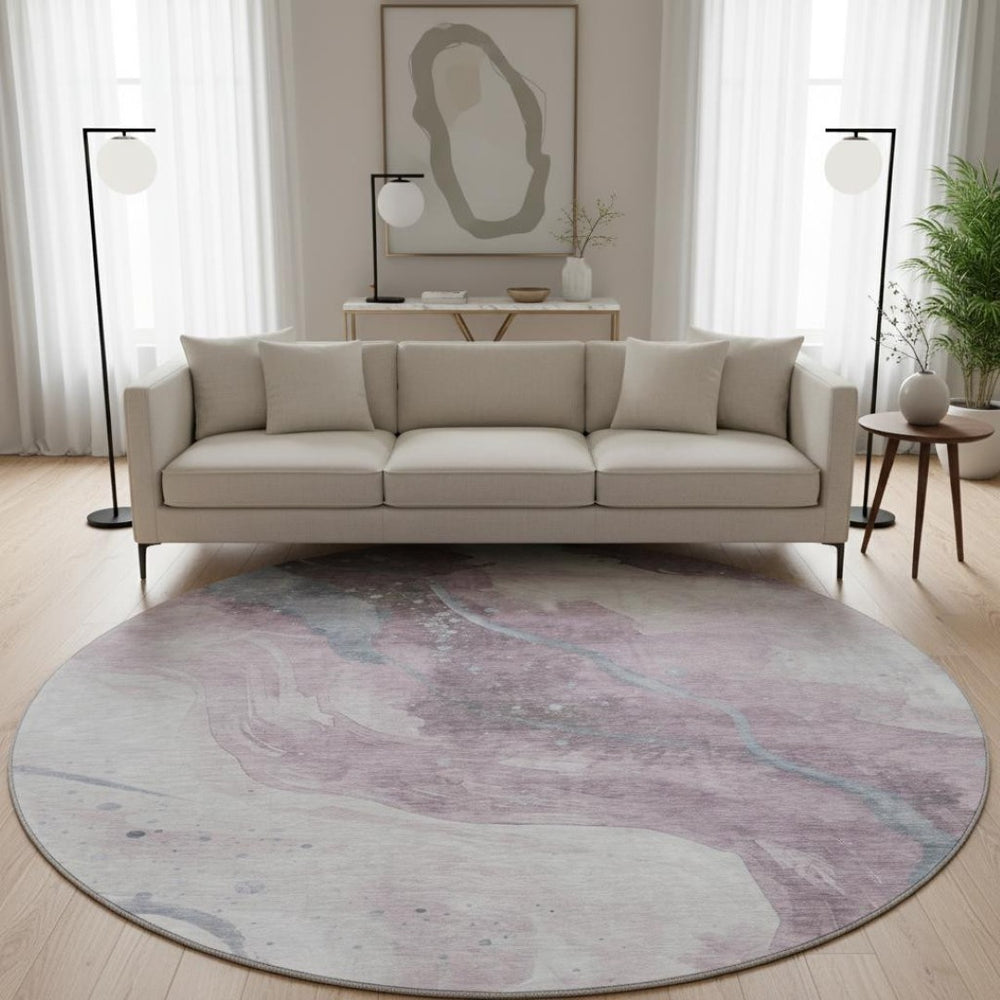 HomeRoots 8' X 8' Stylish Lavender Blue & Ivory Abstract Round Rug - Washable, UV-Protected & Stain-Resistant! 694245