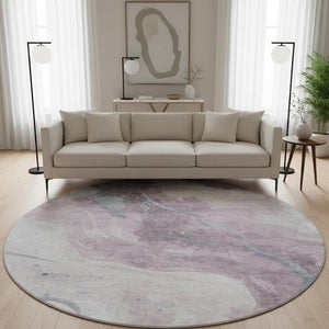 HomeRoots 8' X 8' Stylish Lavender Blue & Ivory Abstract Round Rug - Washable, UV-Protected & Stain-Resistant! 694245