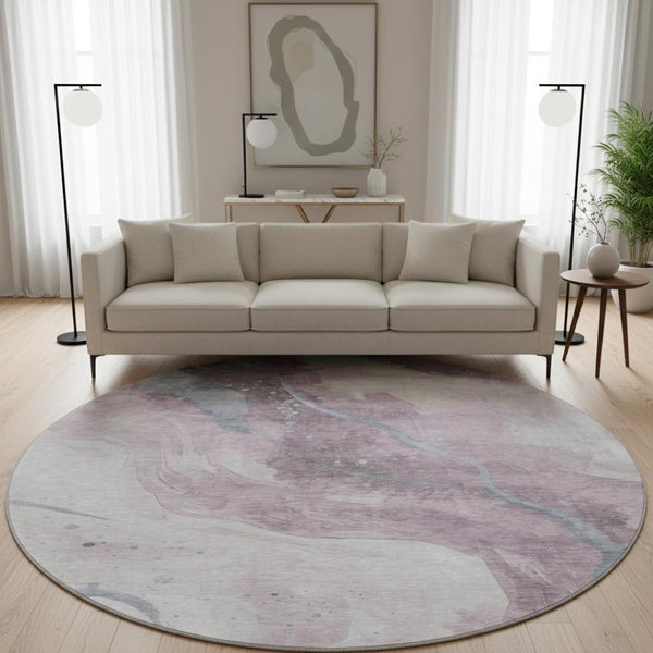 HomeRoots 8' X 8' Stylish Lavender Blue & Ivory Abstract Round Rug - Washable, UV-Protected & Stain-Resistant! 694245
