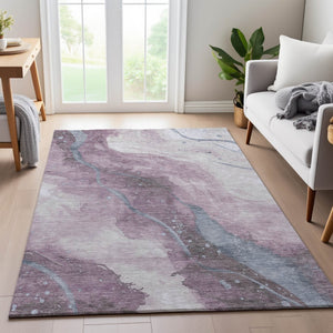 HomeRoots 10' X 14' Modern Abstract Lavender Blue and Ivory Washable Area Rug with UV Protection & Non-Slip Backing 694248