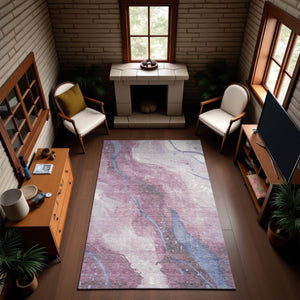 HomeRoots 5' X 8' Modern Mauve Blue & Ivory Abstract Area Rug - Washable, UV Protected, Durable & Stylish 694250