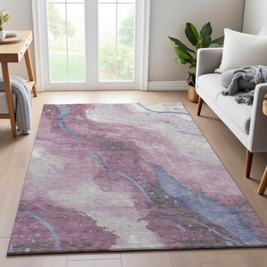 HomeRoots 5' X 8' Modern Mauve Blue & Ivory Abstract Area Rug - Washable, UV Protected, Durable & Stylish 694250