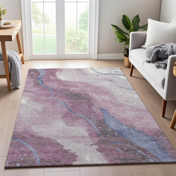 HomeRoots 5' X 8' Modern Mauve Blue & Ivory Abstract Area Rug - Washable, UV Protected, Durable & Stylish 694250