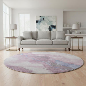 HomeRoots 8' X 8' Stylish Mauve Blue Ivory Abstract Round Rug - Washable, UV Protected, Durable & Easy Care! 694251