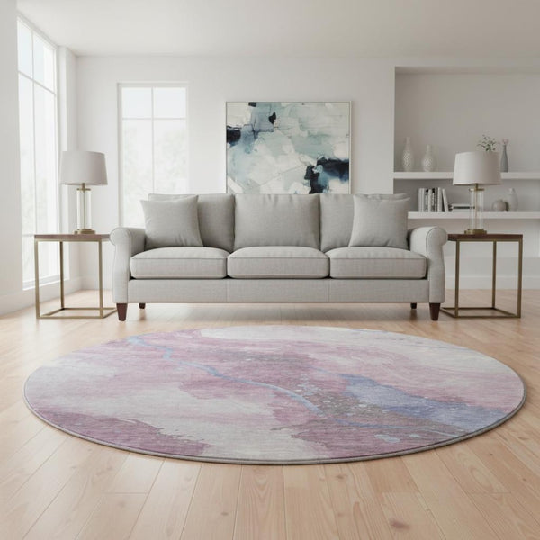HomeRoots 8' X 8' Stylish Mauve Blue Ivory Abstract Round Rug - Washable, UV Protected, Durable & Easy Care! 694251