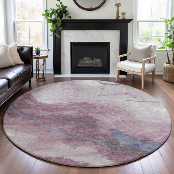 HomeRoots 8' X 8' Stylish Mauve Blue Ivory Abstract Round Rug - Washable, UV Protected, Durable & Easy Care! 694251