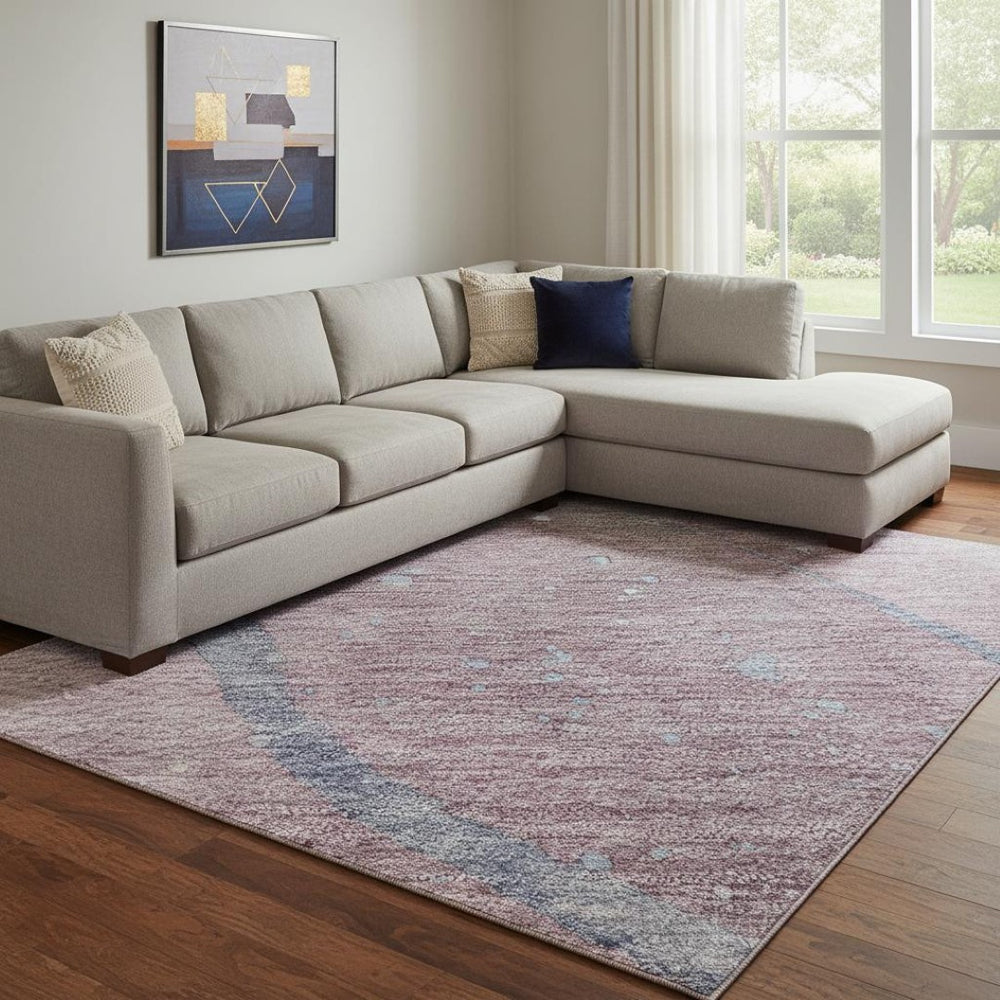HomeRoots 8' Mauve Blue and Ivory Abstract Washable Area Rug – Durable, UV-Protected, Perfect for High-Traffic Spaces 694252