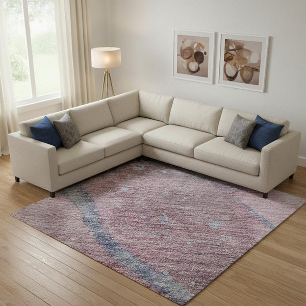 HomeRoots 9' X 12' Mauve Blue Ivory Abstract Washable Area Rug - Stylish, Durable, UV-Protected, Family-Friendly! 694253