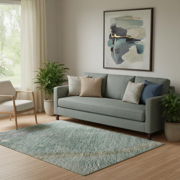 HomeRoots 5' X 8' Teal Green & Ivory Abstract Area Rug - Modern, Washable, UV-Protected, Family-Friendly Design 694256