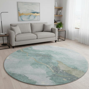 HomeRoots 8' X 8' Teal Green & Ivory Abstract Round Rug – Washable, UV-Protected, Stain-Resistant for Durability 694257
