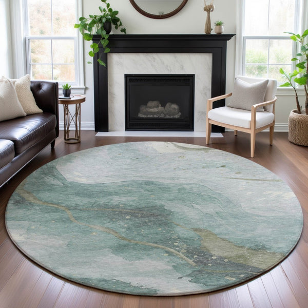 HomeRoots 8' X 8' Teal Green & Ivory Abstract Round Rug – Washable, UV-Protected, Stain-Resistant for Durability 694257