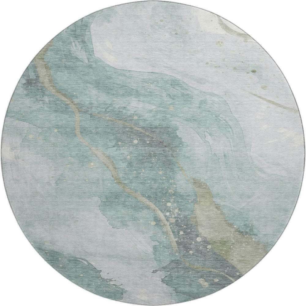 HomeRoots 8' X 8' Teal Green & Ivory Abstract Round Rug – Washable, UV-Protected, Stain-Resistant for Durability 694257