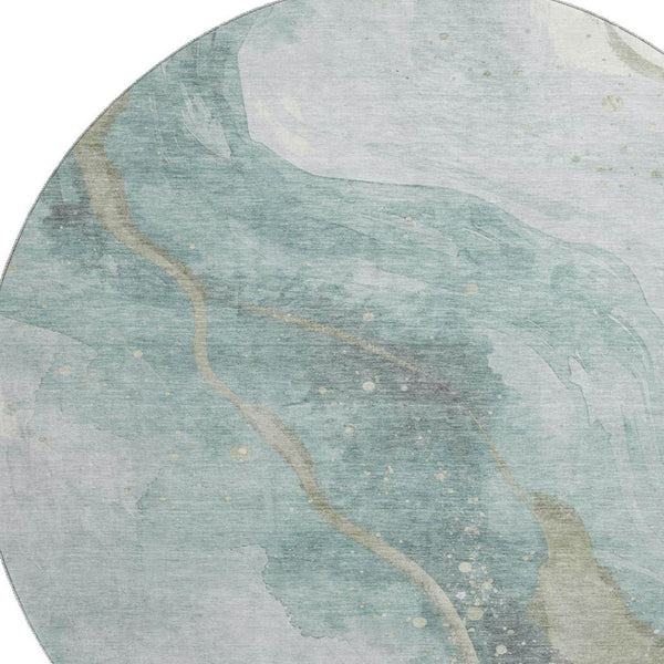 HomeRoots 8' X 8' Teal Green & Ivory Abstract Round Rug – Washable, UV-Protected, Stain-Resistant for Durability 694257