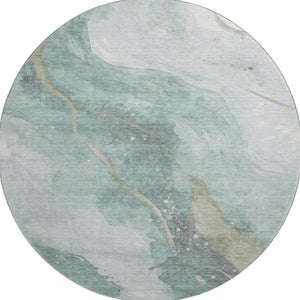 HomeRoots 8' X 8' Teal Green & Ivory Abstract Round Rug – Washable, UV-Protected, Stain-Resistant for Durability 694257
