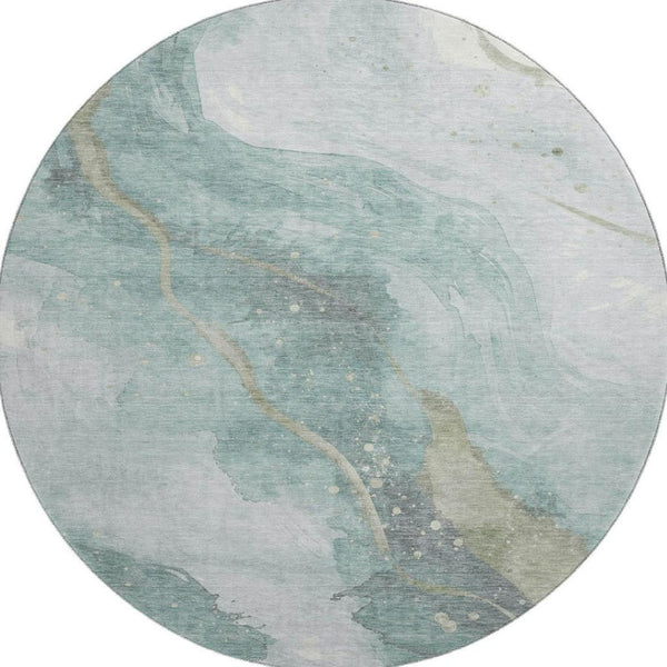 HomeRoots 8' X 8' Teal Green & Ivory Abstract Round Rug – Washable, UV-Protected, Stain-Resistant for Durability 694257
