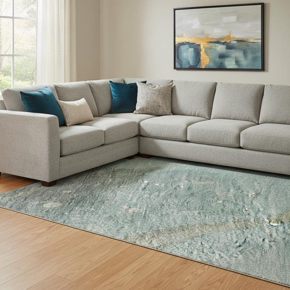 HomeRoots 8' Teal Green and Ivory Abstract Area Rug – Stylish, Washable, UV Protected, Perfect for High-Traffic Spaces 694258